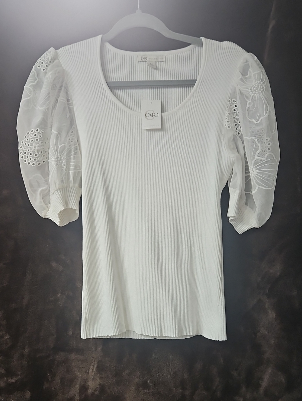 Cato White Ribbed Top with Embroidered Puff Sleeves
